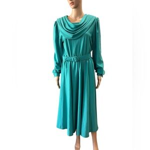 Vintage 70’s handmade aqua day dress cowl neck long sleeves -L